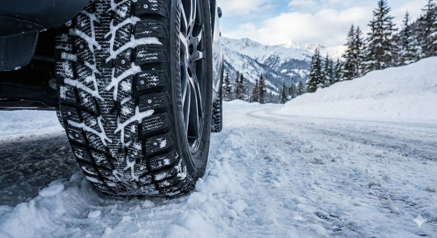 Zimné pneumatiky na prenajatom aute pripravenom na jazdu po zasneženej ceste.