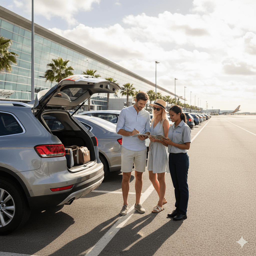 Turisti si preberajú prenajaté auto na letisku v zahraničí