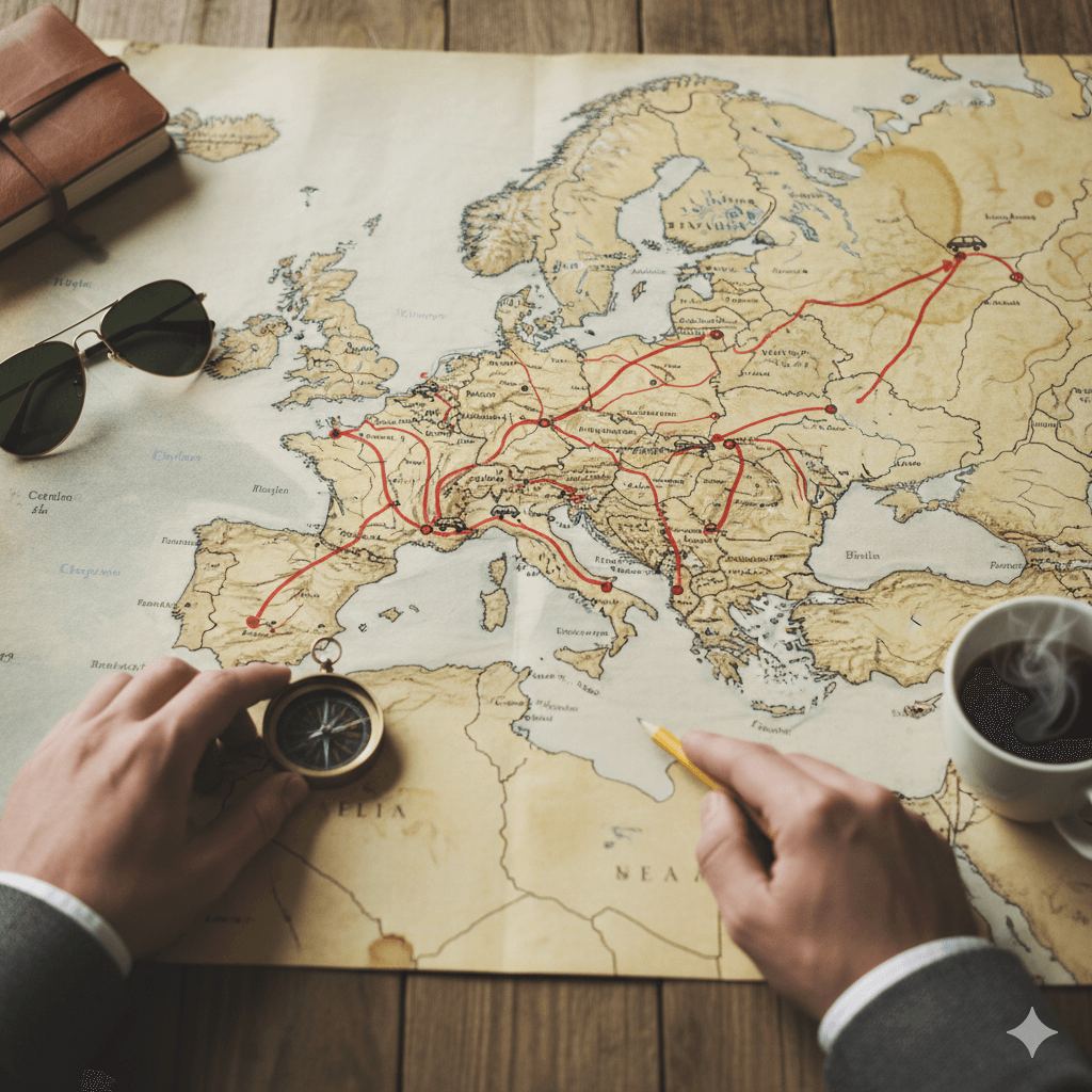 Mapa Európy s plánovanou trasou dovolenky autom a prenajatým vozidlom