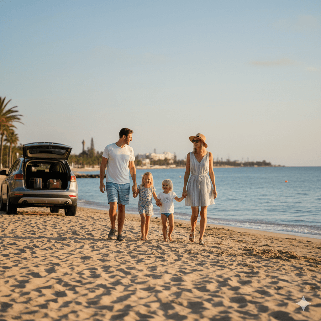 Rodina na dovolenke pri mori s prenajatým autom v pozadí