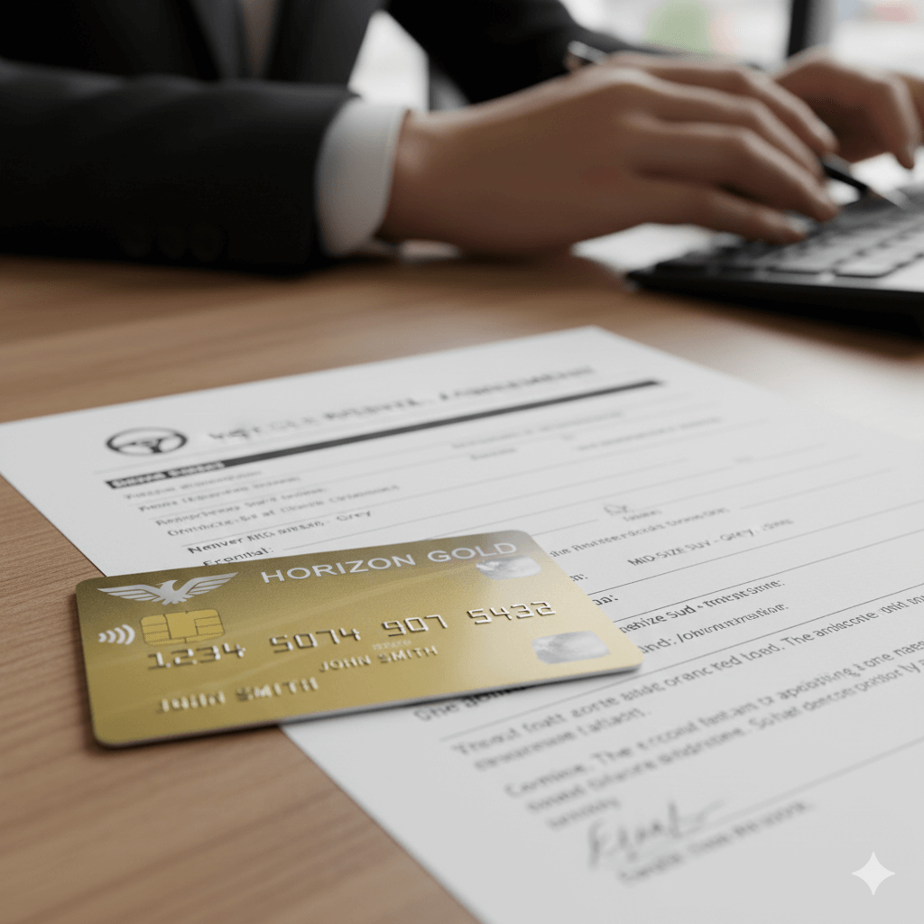 Detail platobnej karty a zmluvy o prenájme auta s vysvetlením depozitu