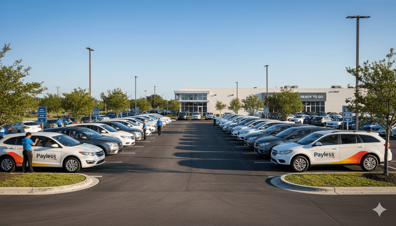 Rôzne kategórie vozidiel pripravené na prenájom na parkovisku autopožičovne PAYLESS.