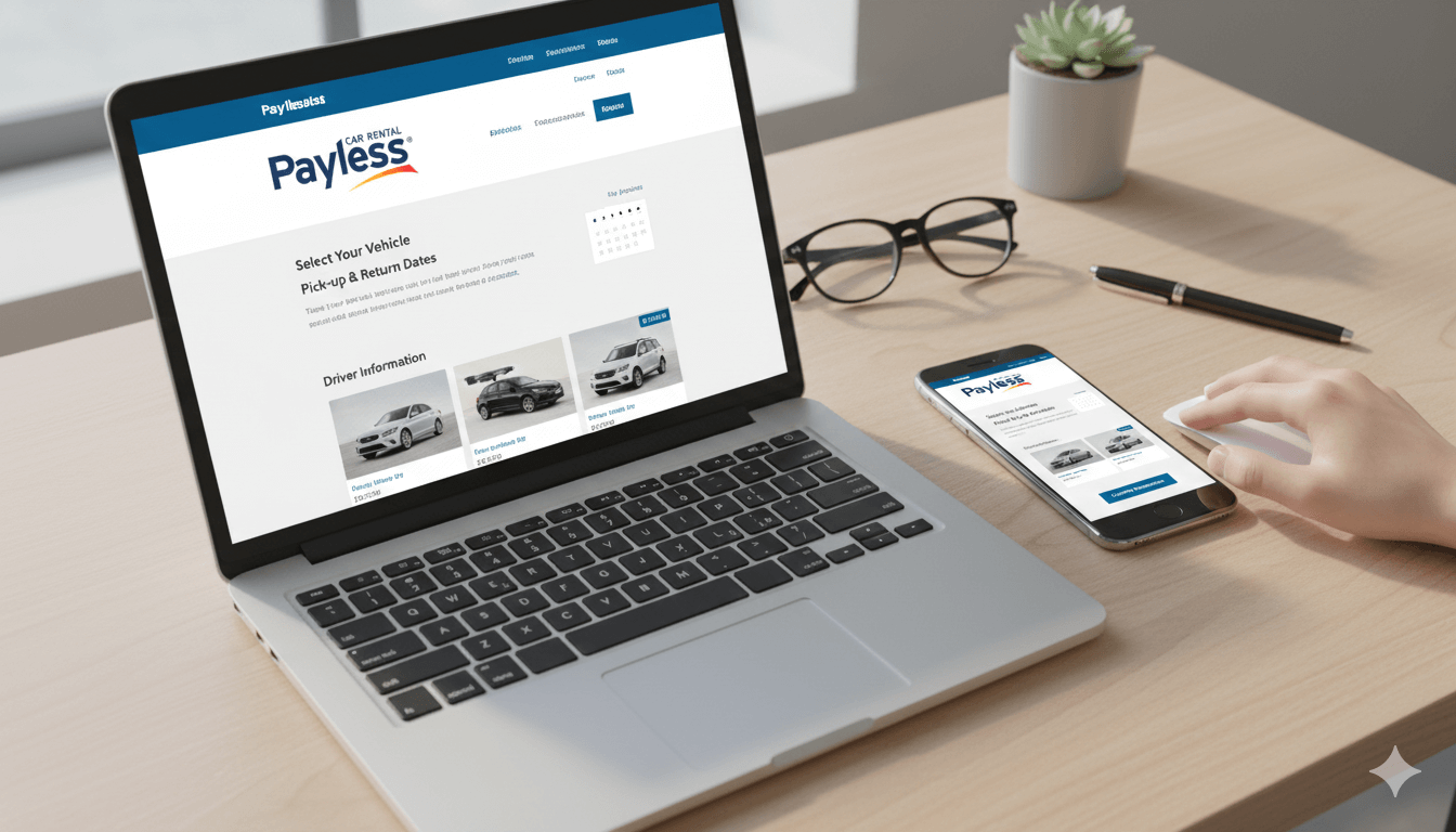 Zákazník si na notebooku rezervuje auto v online kalkulačke autopožičovne PAYLESS.